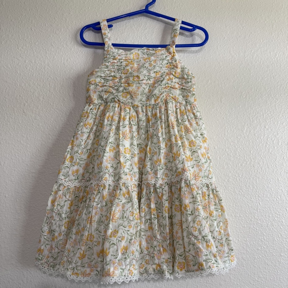 Haute Hippie Tiered Shirred Dress Girls 4T White Floral Smocked Pearl Lace-Trim